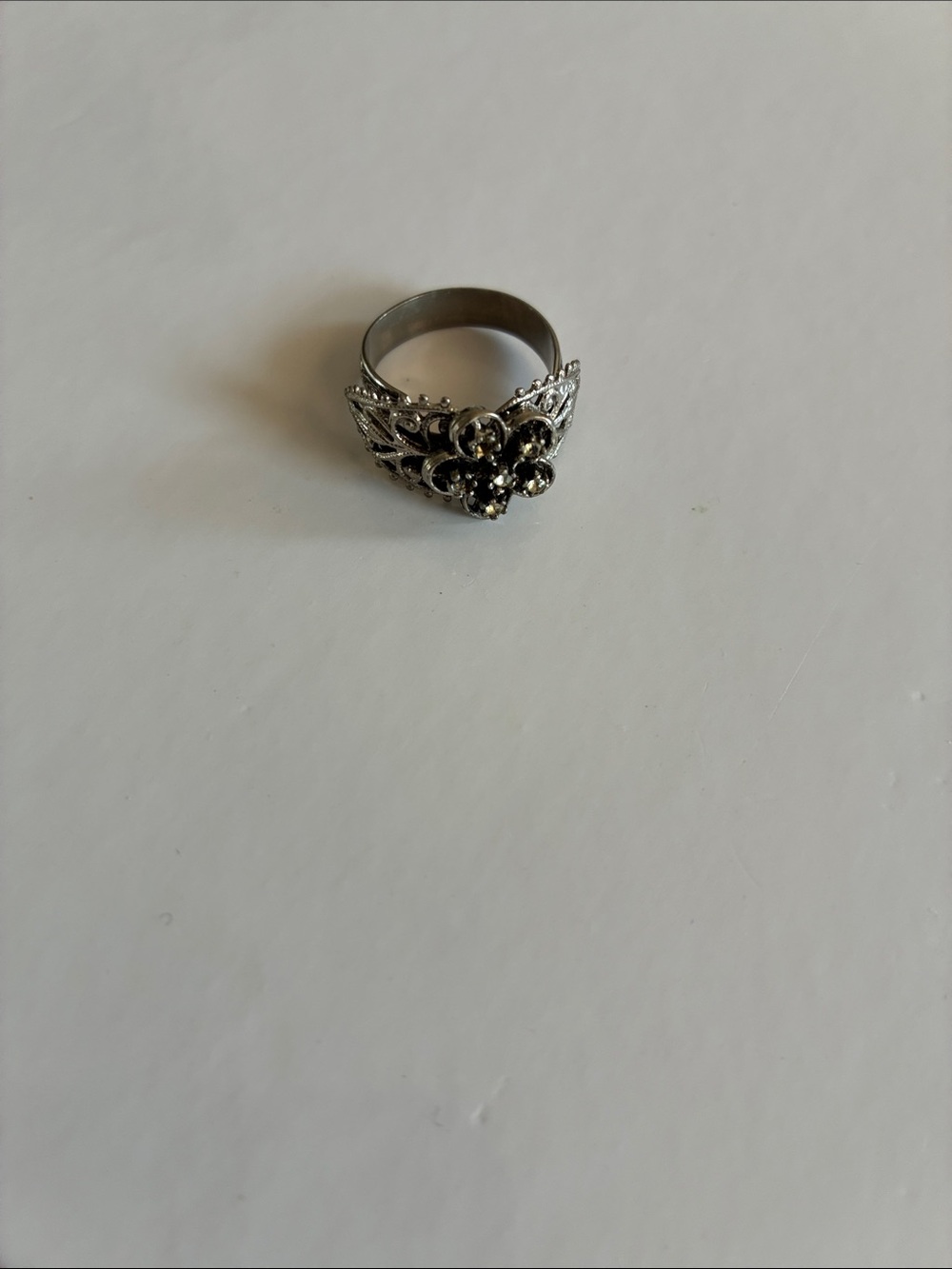 Silver Floral Filigree Ring with Black Stones - Women Jewelry